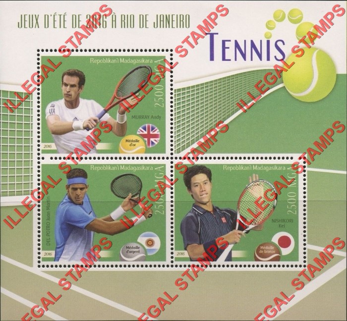 Madagascar 2016 Summer Olympics Tennis Illegal Stamp Souvenir Sheet of 3