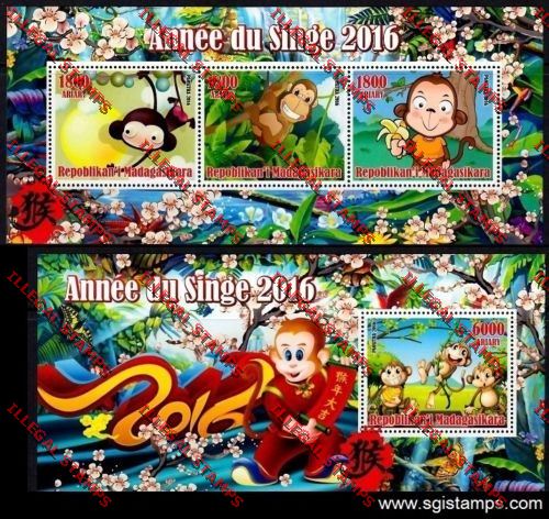 Madagascar 2016 Year of the Monkey Illegal Stamp Souvenir Sheets of 3 and 1
