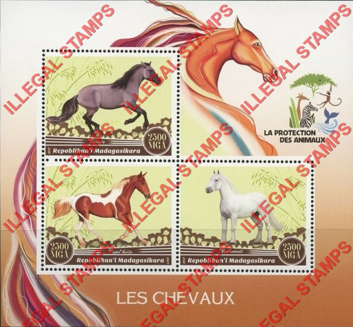 Madagascar 2017 Horses Illegal Stamp Souvenir Sheet of 3