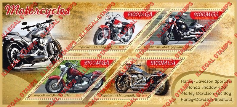 Madagascar 2017 Motorcycles Illegal Stamp Souvenir Sheet of 4
