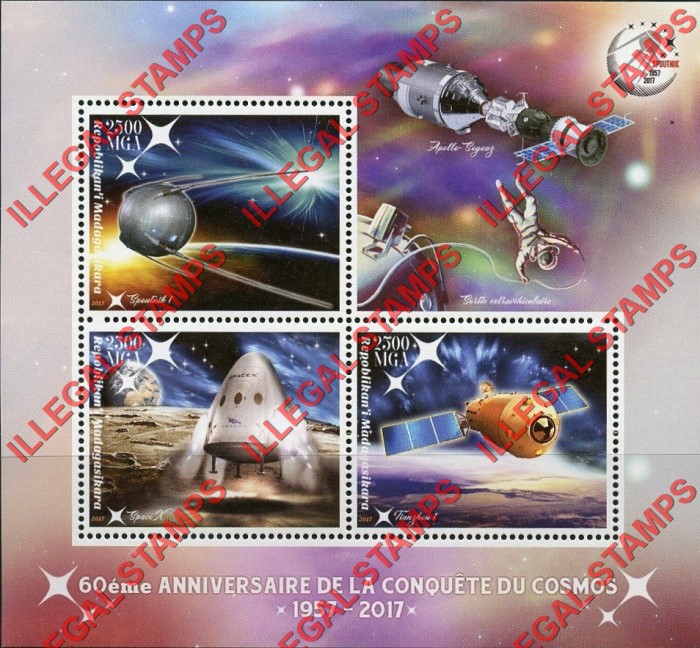 Madagascar 2017 Conquest of Space Illegal Stamp Souvenir Sheet of 3