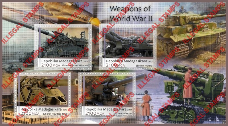 Madagascar 2017 Weapons of World War II Illegal Stamp Souvenir Sheet of 4