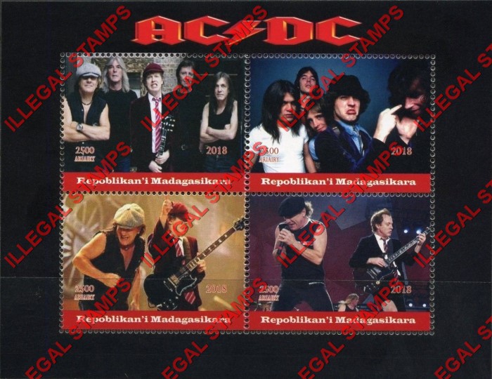 Madagascar 2018 AC/DC Illegal Stamp Souvenir Sheet of 4