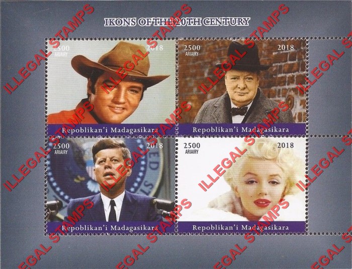 Madagascar 2018 Icons of the 20th Century Elvis Kennedy Monroe Churchill Illegal Stamp Souvenir Sheet of 4