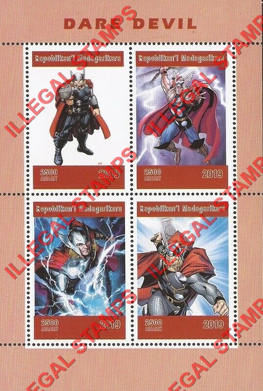 Madagascar 2019 Thor Dare Devil Blunder Illegal Stamp Souvenir Sheet of 4