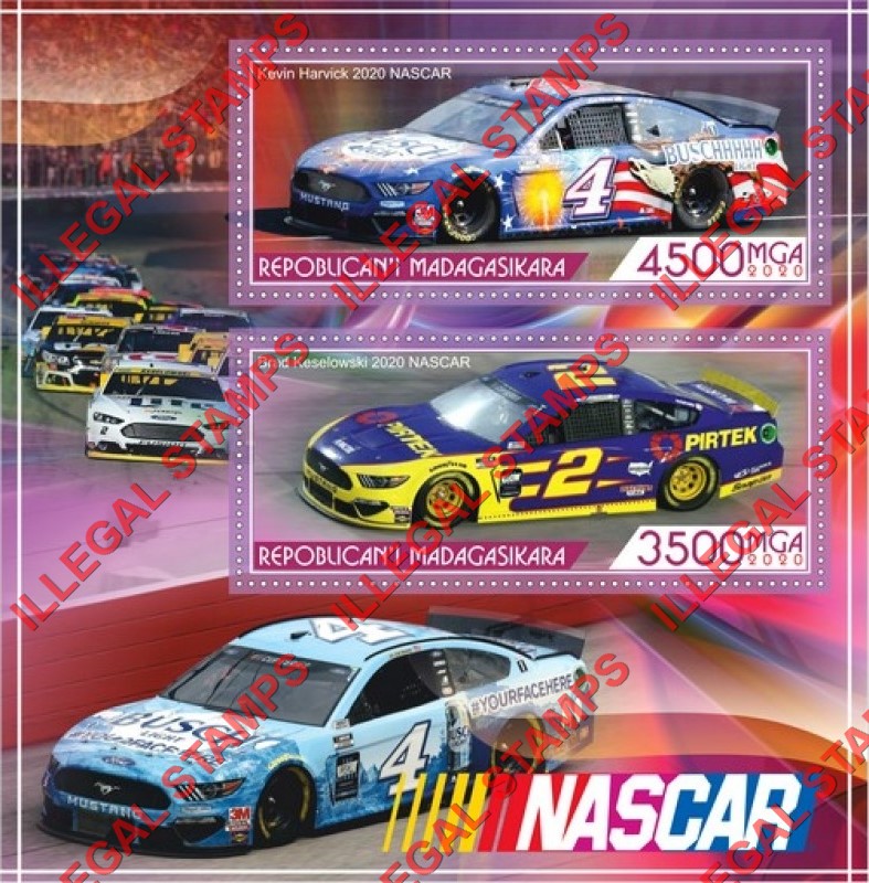 Madagascar 2020 NASCAR Race Cars Illegal Stamp Souvenir Sheet of 2