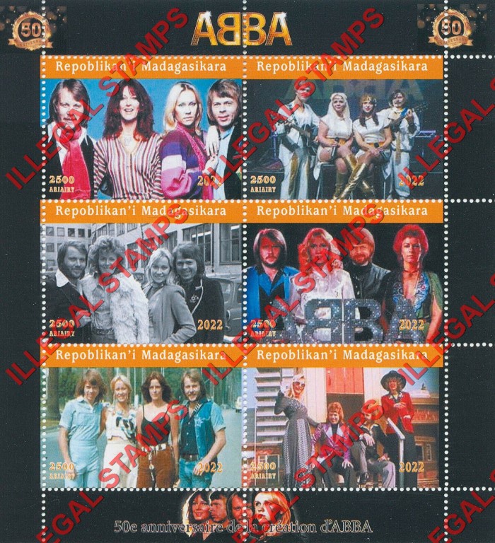 Madagascar 2022 ABBA Illegal Stamp Souvenir Sheet of 6