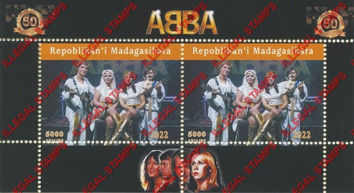 Madagascar 2022 ABBA Illegal Stamp Souvenir Sheet of 2 (Sheet 1)