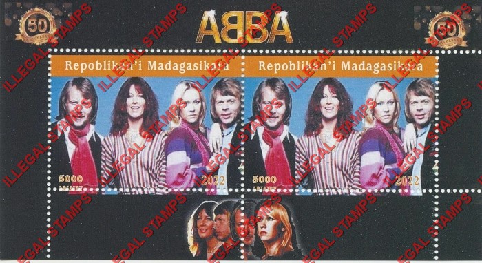 Madagascar 2022 ABBA Illegal Stamp Souvenir Sheet of 2 (Sheet 2)