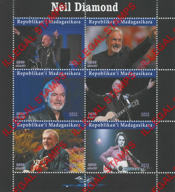 Madagascar 2022 Neil Diamond Illegal Stamp Souvenir Sheet of 6