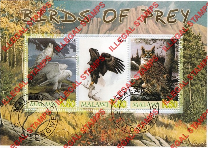 Malawi 2005 Birds of Prey Illegal Stamp Souvenir Sheet of 3