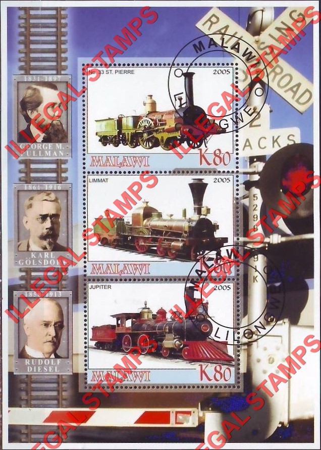 Malawi 2005 Locomotives Trains Illegal Stamp Souvenir Sheet of 3