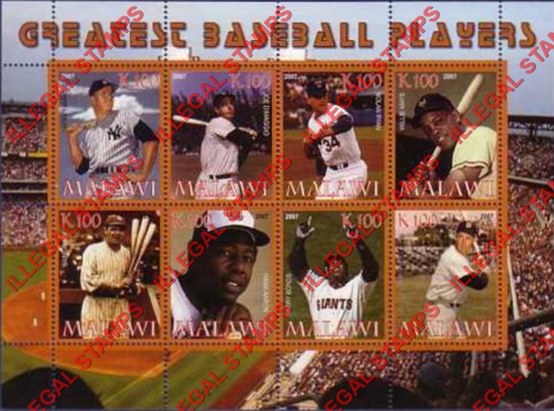 Malawi 2007 Baseball Illegal Stamp Souvenir Sheet of 8