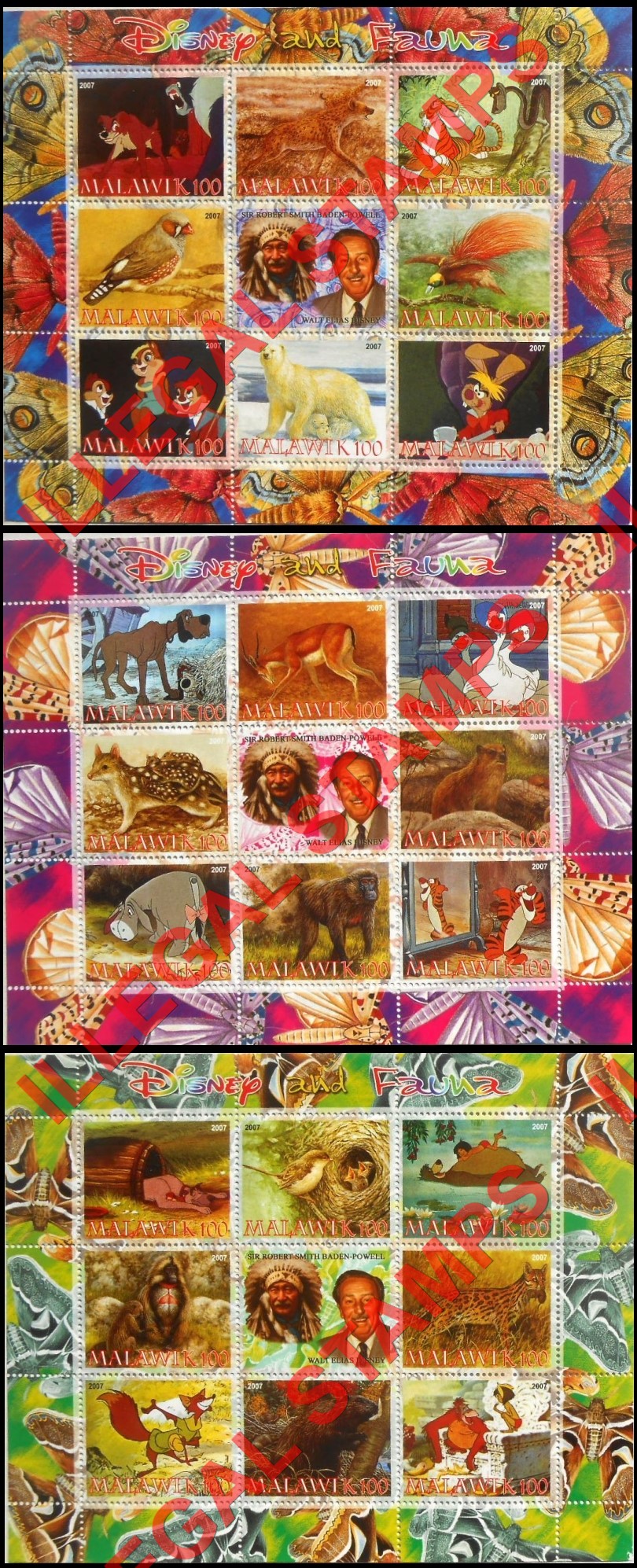 Malawi 2007 Disney and Fauna Illegal Stamp Sheets of 8 Plus Label