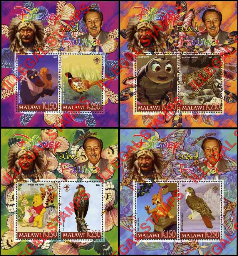 Malawi 2007 Disney and Fauna Illegal Stamp Souvenir Sheets of 2 (Part 6)