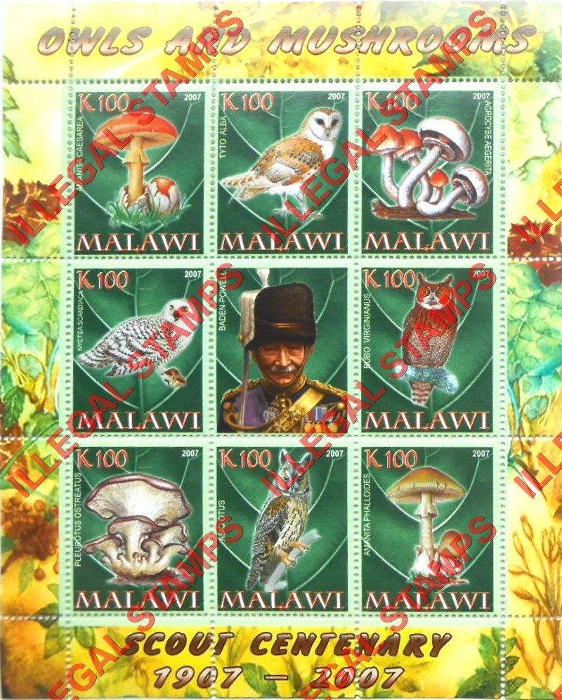 Malawi 2007 Owls and Mushrooms Scouts Centenary Illegal Stamp Sheet of 8 Plus Label