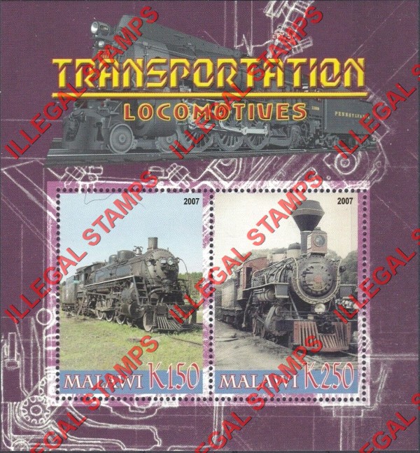 Malawi 2007 Transportation Locomotives Illegal Stamp Souvenir Sheet of 2