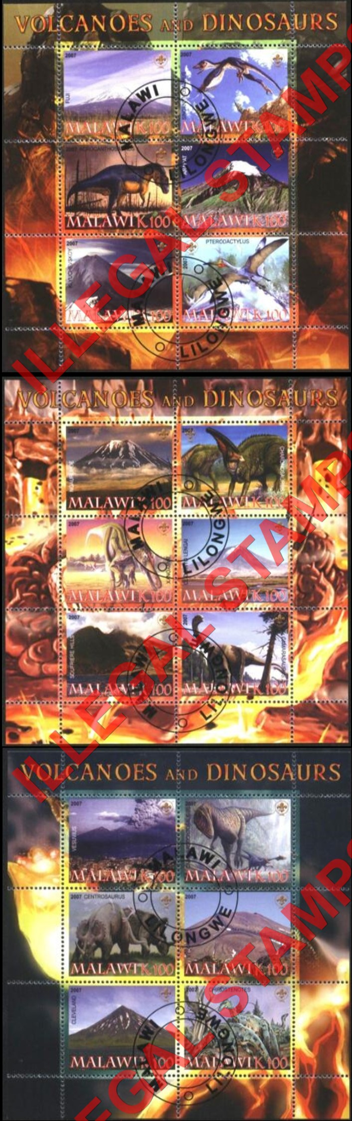 Malawi 2007 Volcanoes and Dinosaurs Illegal Stamp Souvenir Sheets of 6