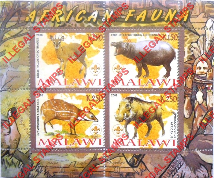 Malawi 2008 African Fauna Illegal Stamp Souvenir Sheet of 4