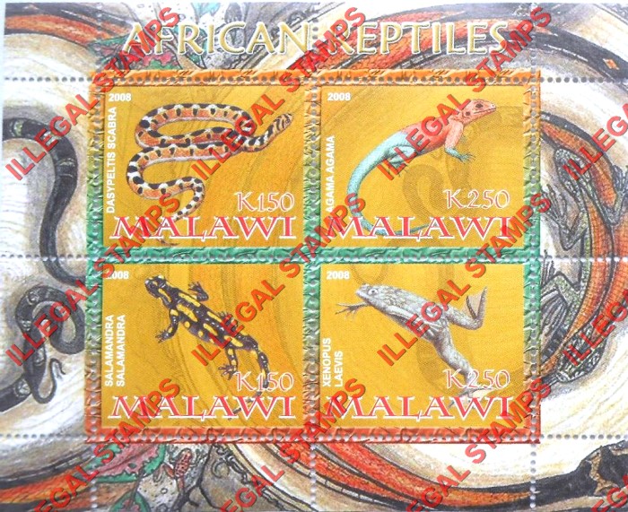 Malawi 2008 African Reptiles Illegal Stamp Souvenir Sheet of 4