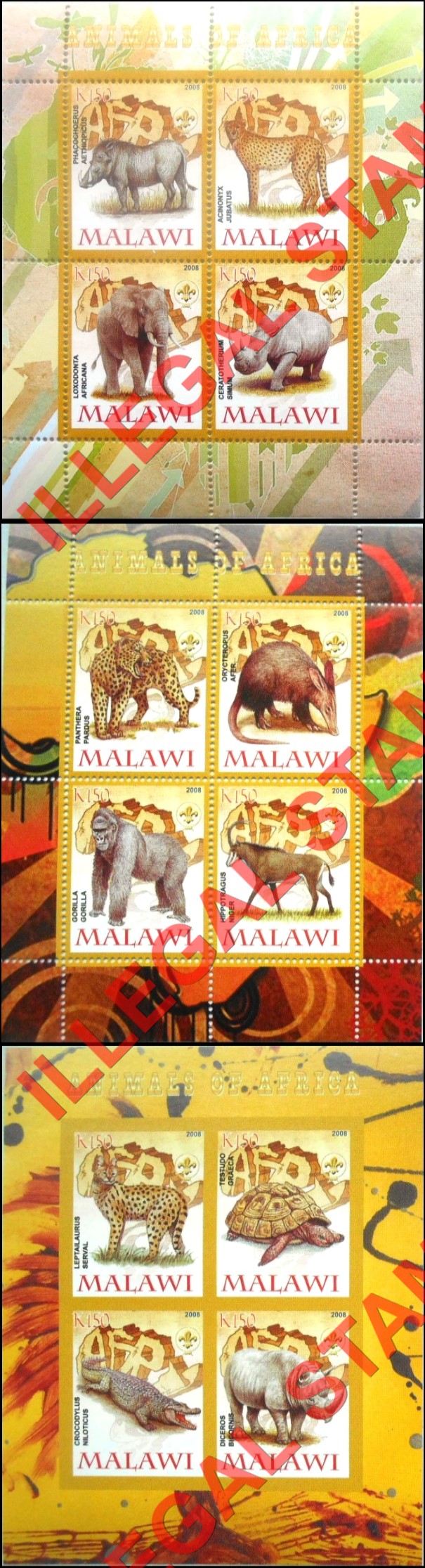 Malawi 2008 Animals of Africa Illegal Stamp Souvenir Sheets of 4