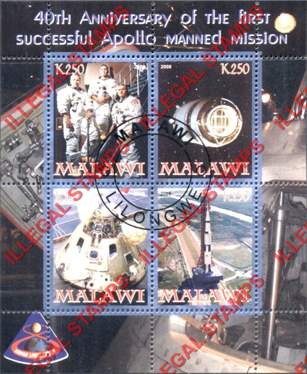 Malawi 2008 Apollo First Manned Mission Illegal Stamp Souvenir Sheet of 4
