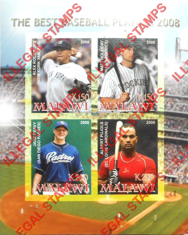 Malawi 2008 Baseball Best Players Illegal Stamp Souvenir Sheet of 4