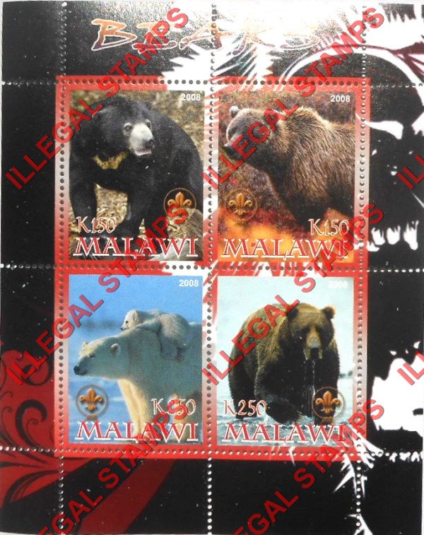 Malawi 2008 Bears Illegal Stamp Souvenir Sheet of 4