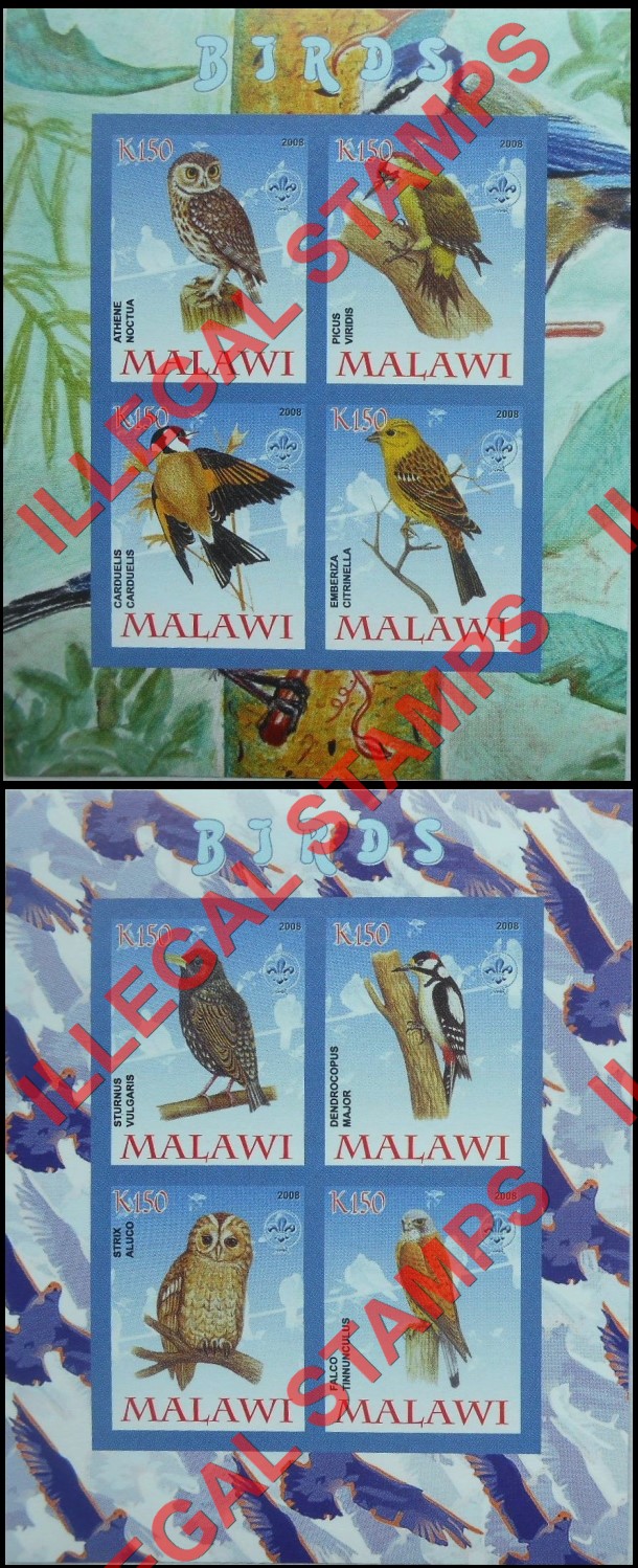 Malawi 2008 Birds and Owls Illegal Stamp Souvenir Sheets of 4