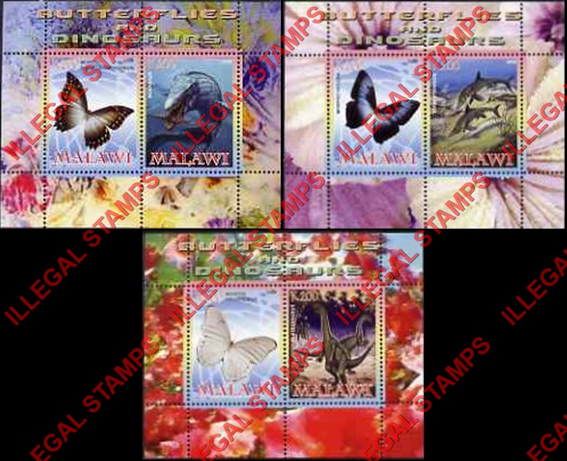 Malawi 2008 Butterflies and Dinosaurs Illegal Stamp Souvenir Sheets of 2 (Part 1)