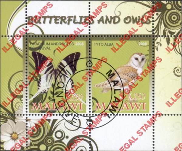 Malawi 2008 Butterflies and Owls Illegal Stamp Souvenir Sheet of 2