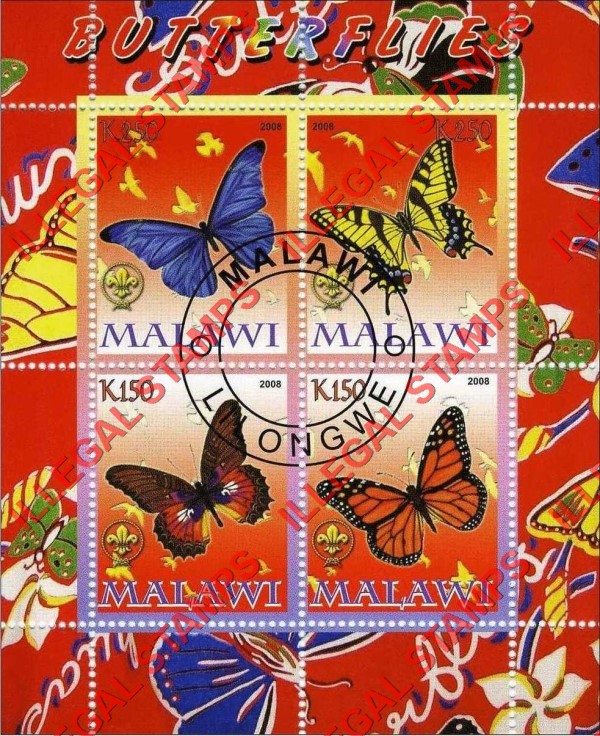 Malawi 2008 Butterflies Illegal Stamp Souvenir Sheet of 4