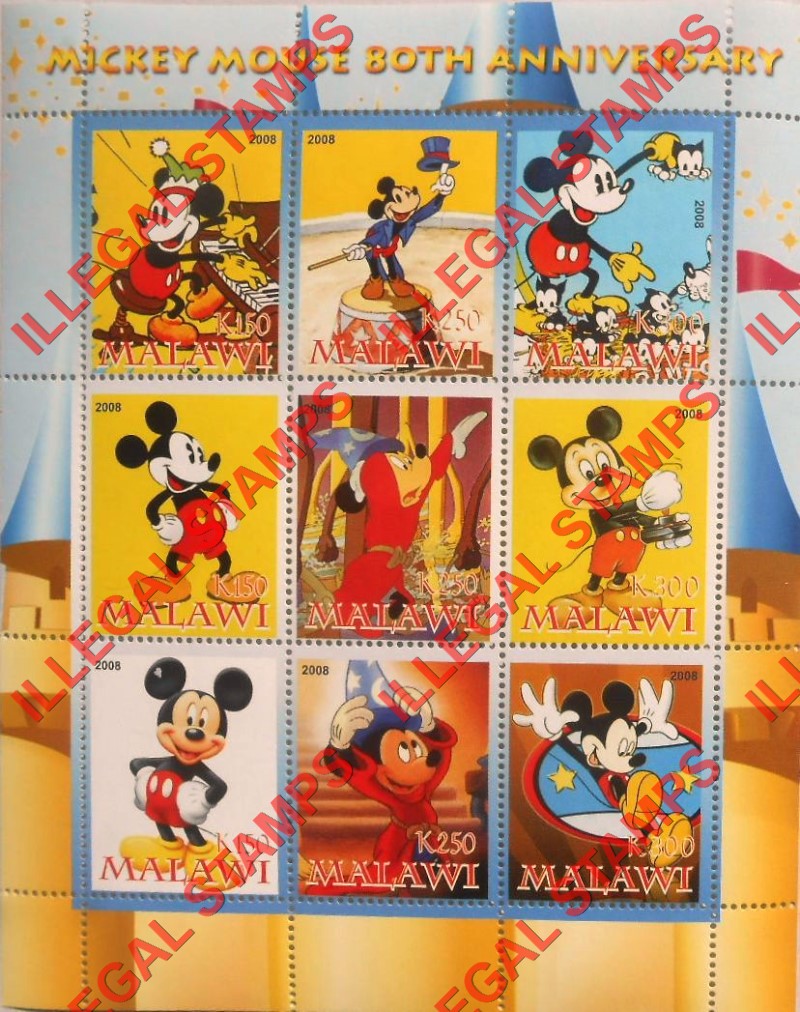 Malawi 2008 Disney Mickey Mouse 80th Anniversary Illegal Stamp Sheetlet of 9