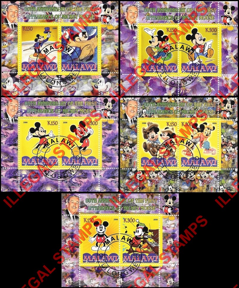Malawi 2008 Disney Mickey Mouse 80th Anniversary Illegal Stamp Souvenir Sheets of 2