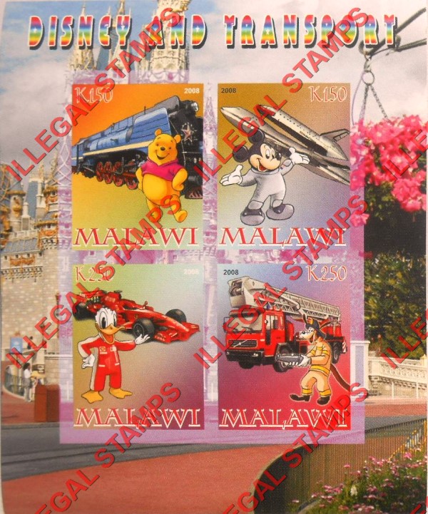 Malawi 2008 Disney and Transport Illegal Stamp Souvenir Sheet of 4