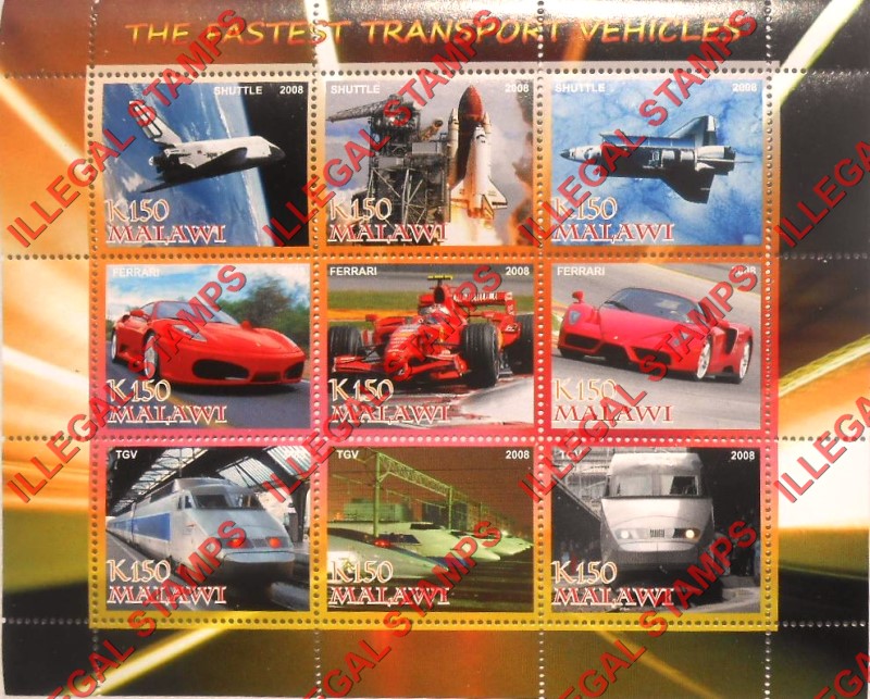 Malawi 2008 Fastest Transport Vehicles Illegal Stamp Sheetlet of 9