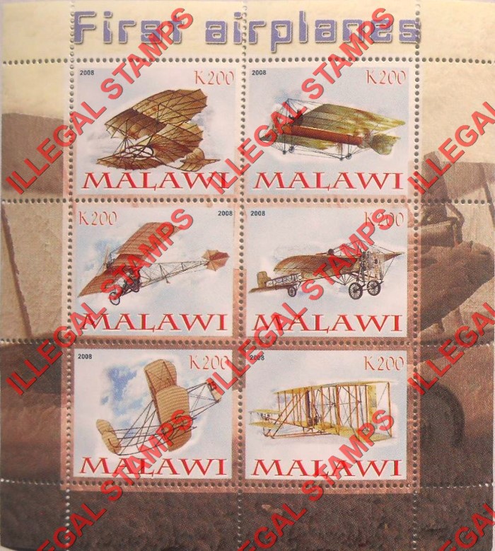 Malawi 2008 First Airplanes Illegal Stamp Souvenir Sheet of 6