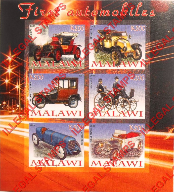 Malawi 2008 First Automobiles Illegal Stamp Souvenir Sheet of 6