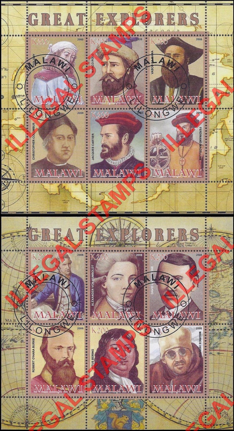 Malawi 2008 Great Explorers Illegal Stamp Souvenir Sheets of 6