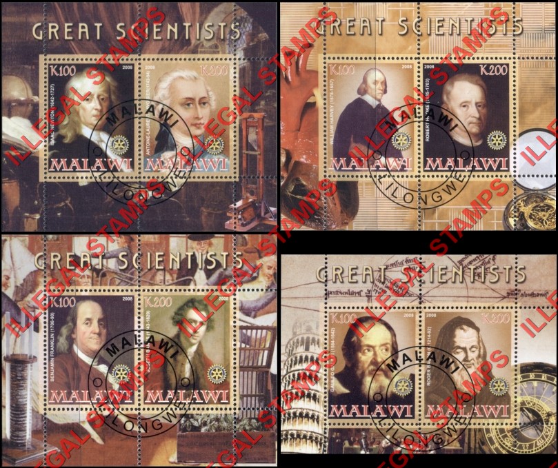 Malawi 2008 Great Scientists Illegal Stamp Souvenir Sheets of 2 (Part 2)