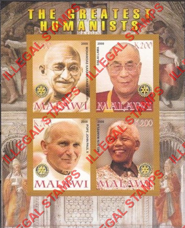 Malawi 2008 Greatest Humanists Illegal Stamp Souvenir Sheet of 4