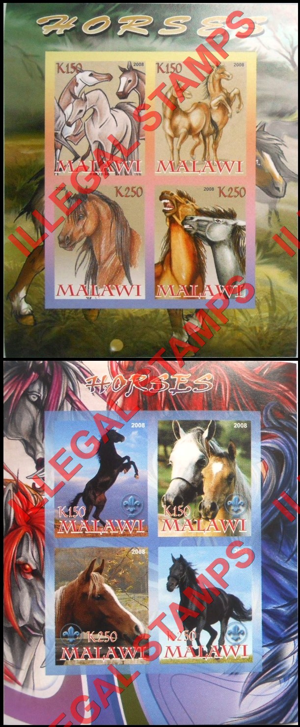 Malawi 2008 Horses Illegal Stamp Souvenir Sheets of 4