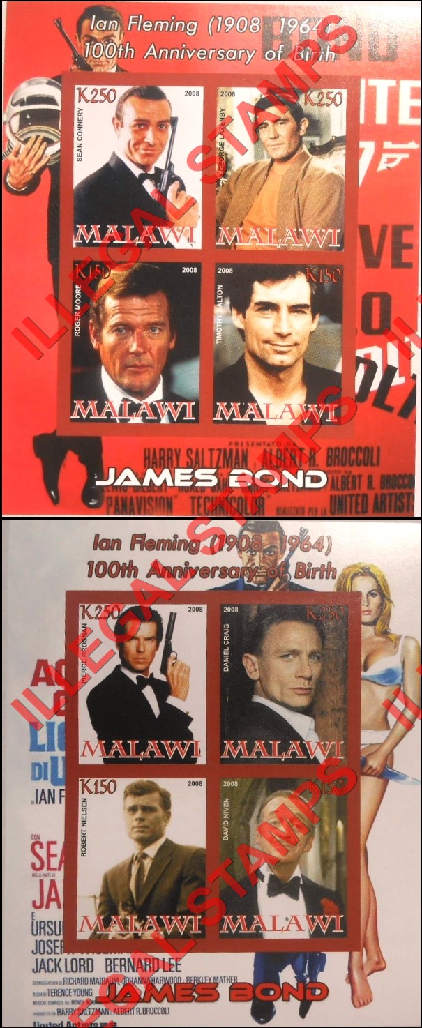 Malawi 2008 James Bond Ian Fleming Illegal Stamp Souvenir Sheets of 4