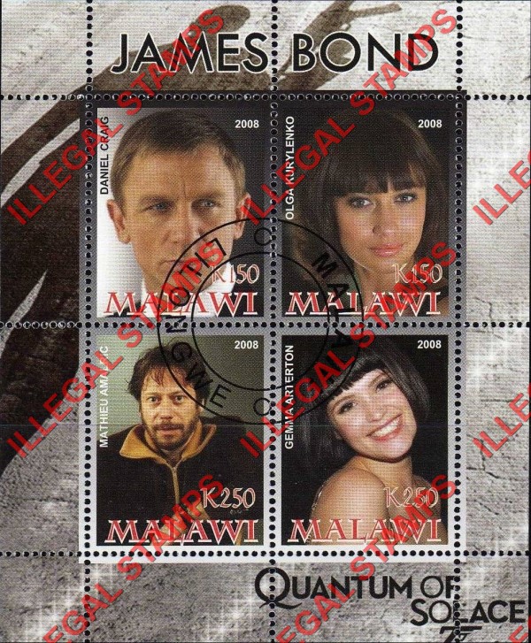 Malawi 2008 James Bond Quantum of Solace Illegal Stamp Souvenir Sheet of 4
