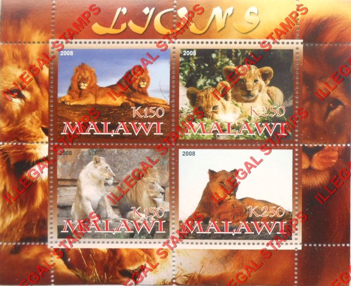 Malawi 2008 Lions Illegal Stamp Souvenir Sheet of 4