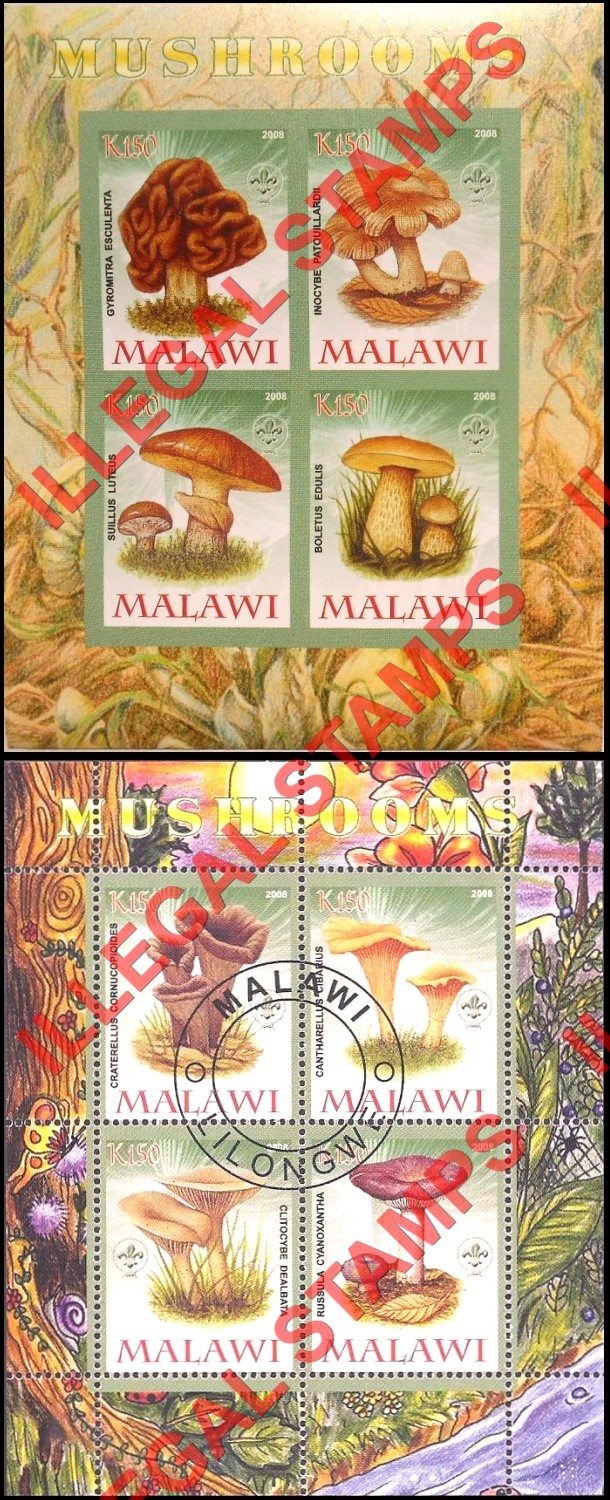 Malawi 2008 Mushrooms Illegal Stamp Souvenir Sheets of 4 (Part 1)