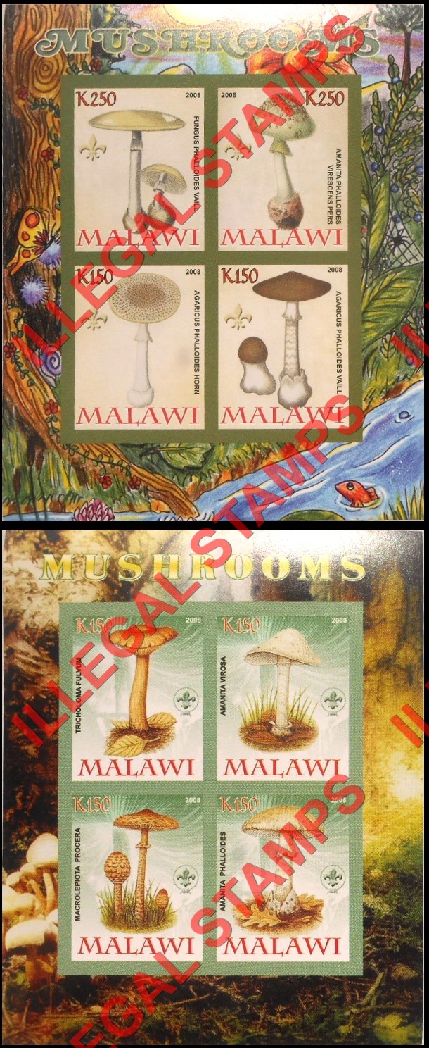 Malawi 2008 Mushrooms Illegal Stamp Souvenir Sheets of 4 (Part 2)