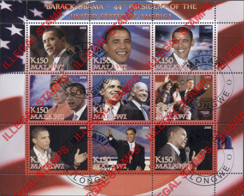 Malawi 2008 Barack Obama Illegal Stamp Sheetlet of 9