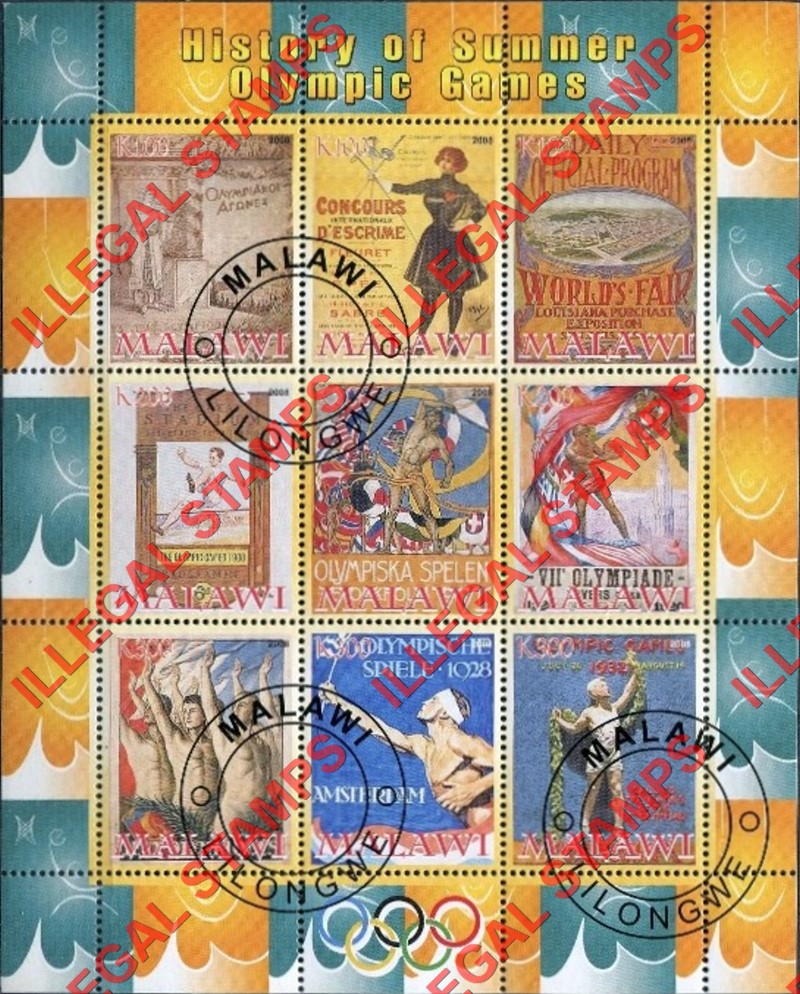 Malawi 2008 History of Summer Olympic Games Illegal Stamp Sheetlets of 9 (Part 1)