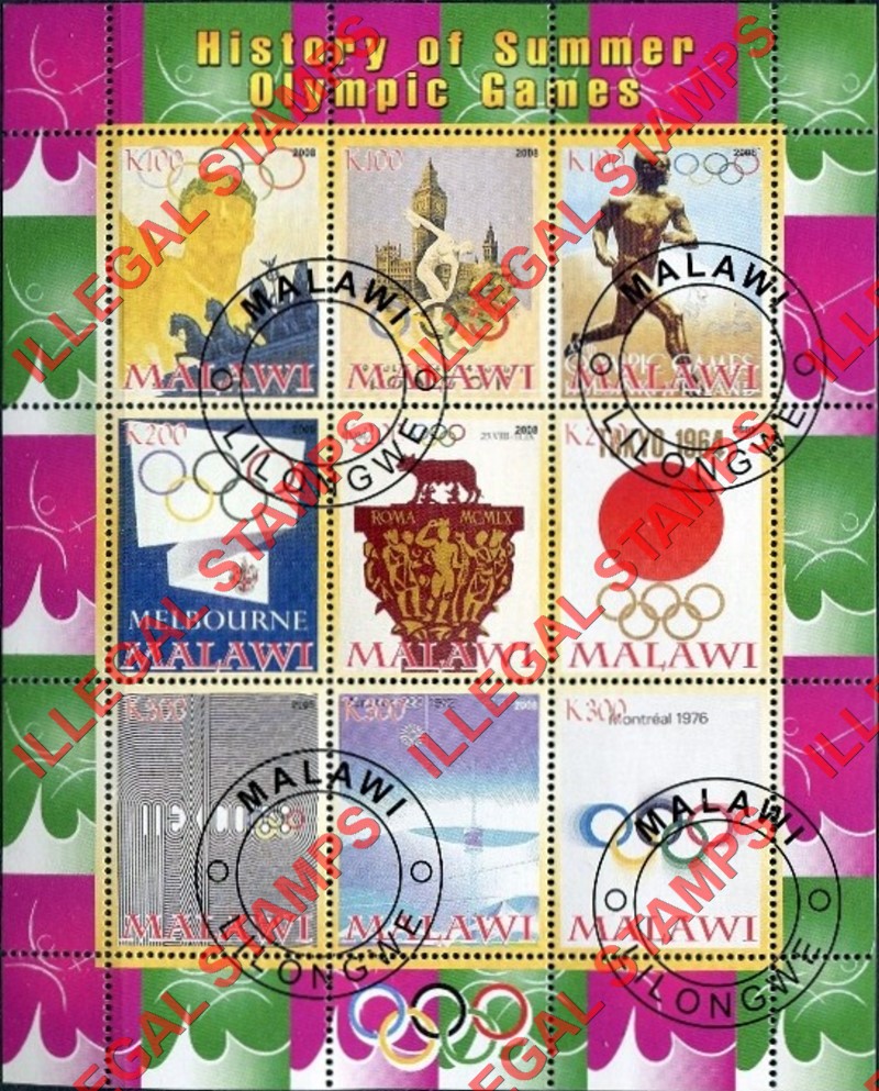 Malawi 2008 History of Summer Olympic Games Illegal Stamp Sheetlets of 9 (Part 3)